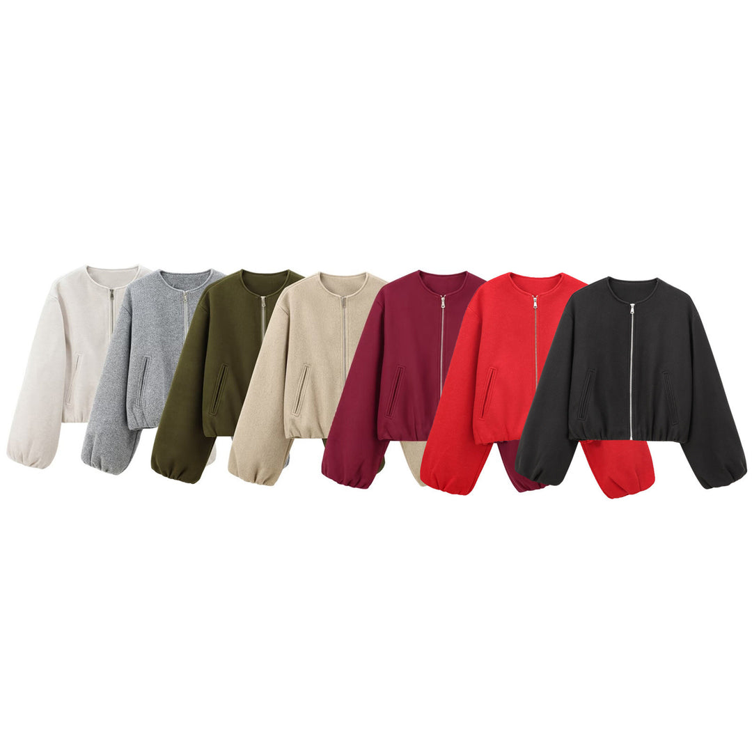 Damen nan kurze Oversize Wollblouson mit Reißverschluss, Ballonärmeln und elastischem Saum Drune
