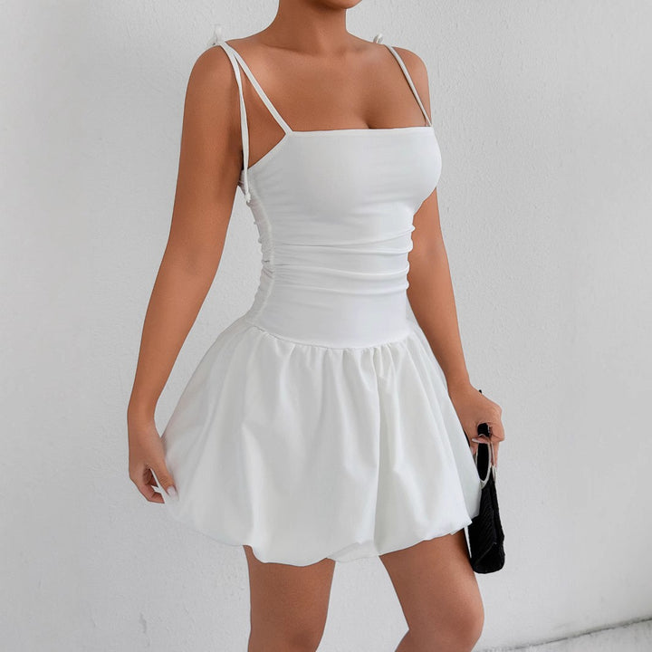 Damen verspieltes Minikleid mit Spaghetti-Trägern und gerafftem Rock Drune