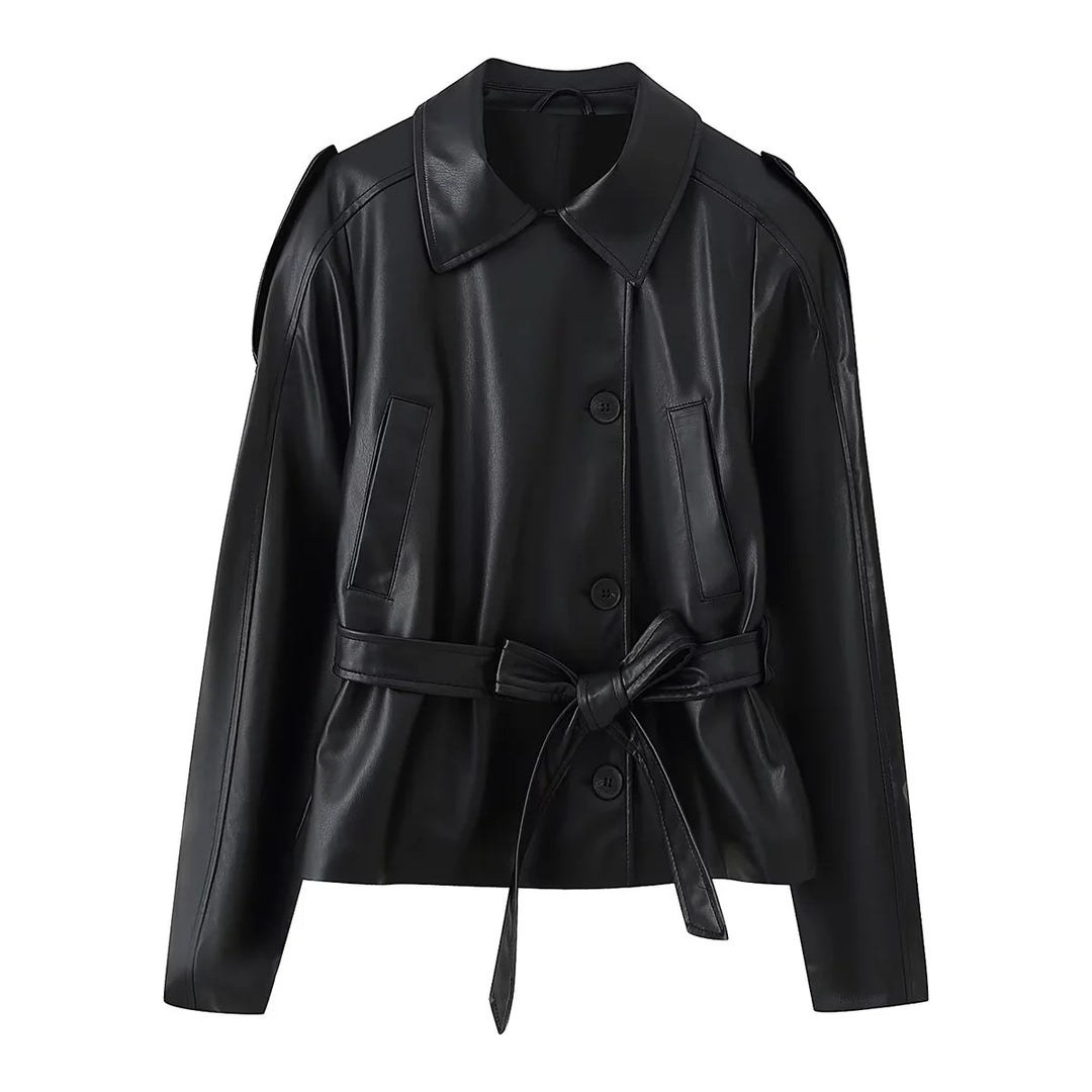 Damen Kunstlederjacke mit eleganten Knopfdetails und Gürteldesign Drune