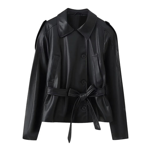 Damen Kunstlederjacke mit eleganten Knopfdetails und Gürteldesign Drune