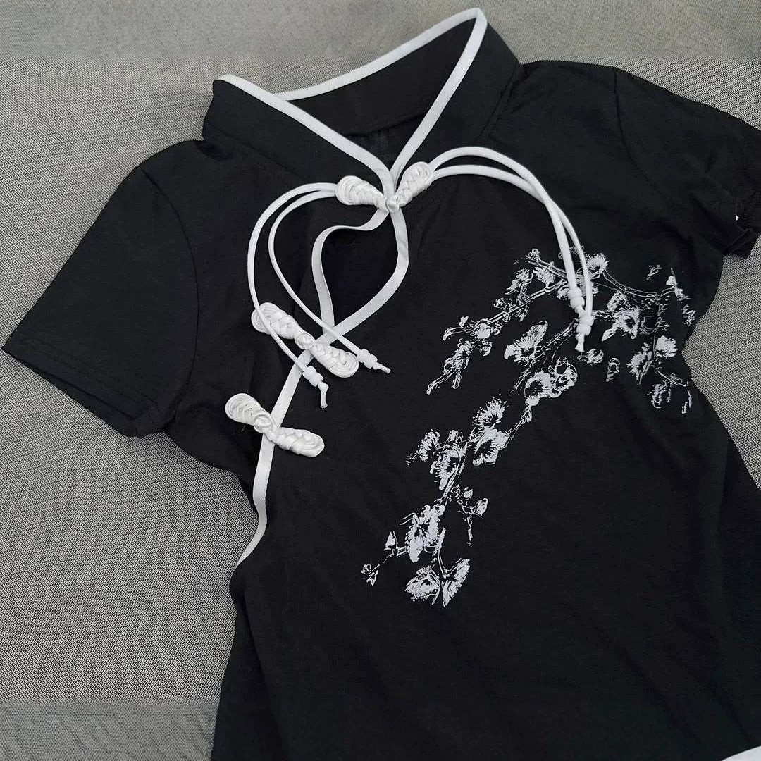 Damen Modernes Chinesisches Kurzarm-T-Shirt mit kreativem Knotendesign Drune