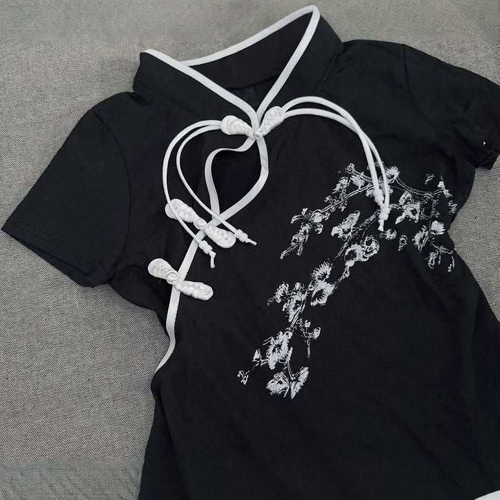 Damen Modernes Chinesisches Kurzarm-T-Shirt mit kreativem Knotendesign Drune