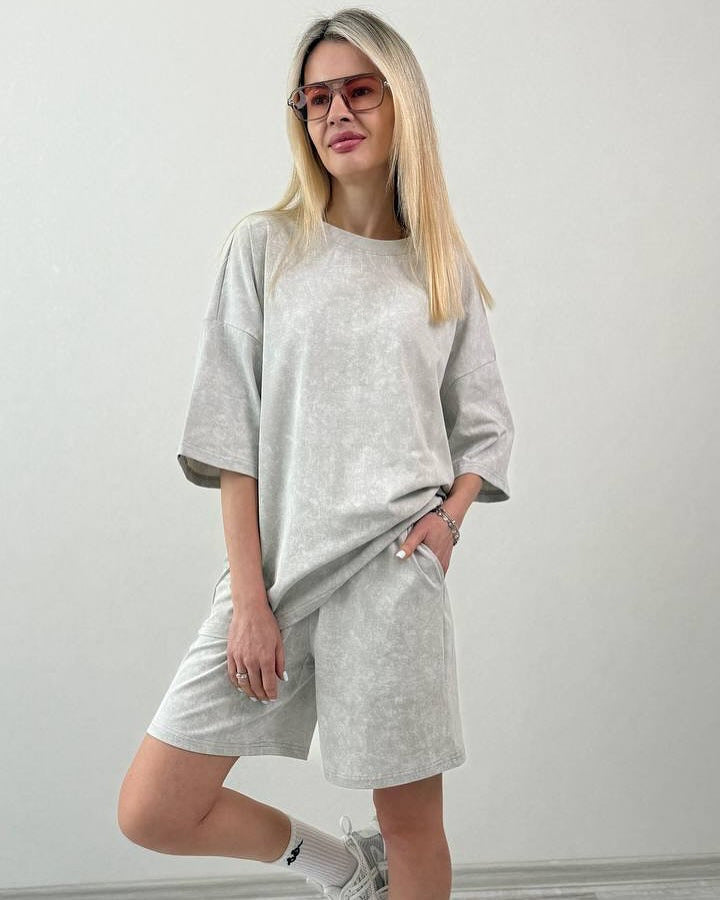 Damen lässiges Kurzarm-Set aus weichem Material mit bequemen Shorts Drune