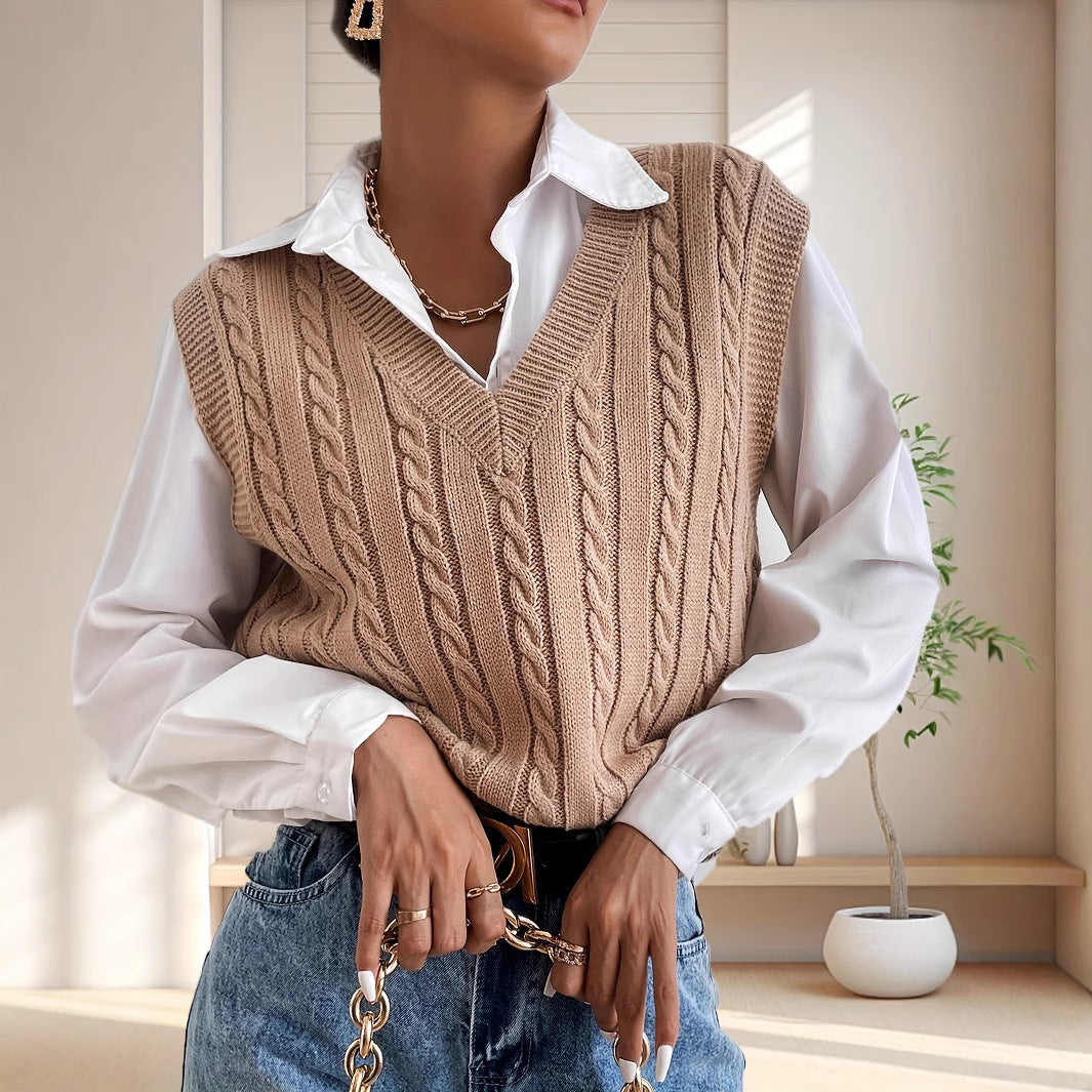 Damen Strickweste mit V-Ausschnitt und Zopfmuster Drune