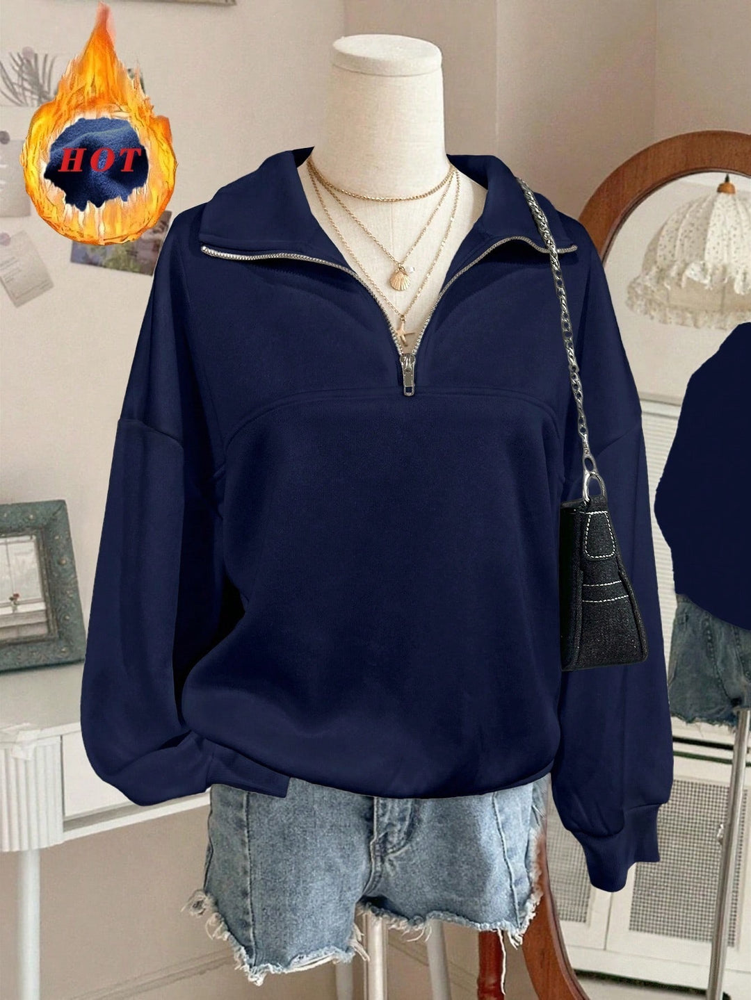 Damen nan Oversize Sweatshirt mit halbem Reißverschluss, Stehkragen und Ballonärmeln Drune