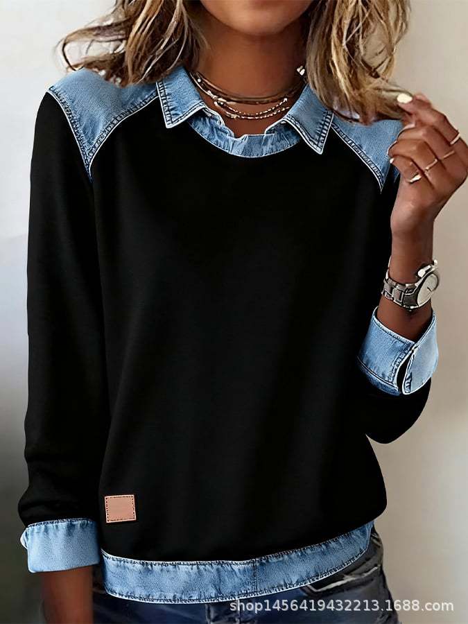 Damen nan gerippter Strickpullover mit Jeanskragen und Knopfleiste Drune