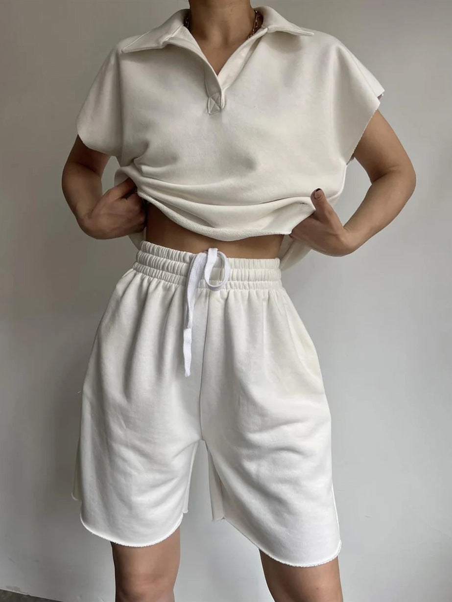 Damen lässiger Freizeitanzug mit hochgeschlossenem Kragen und elastischen Shorts Drune