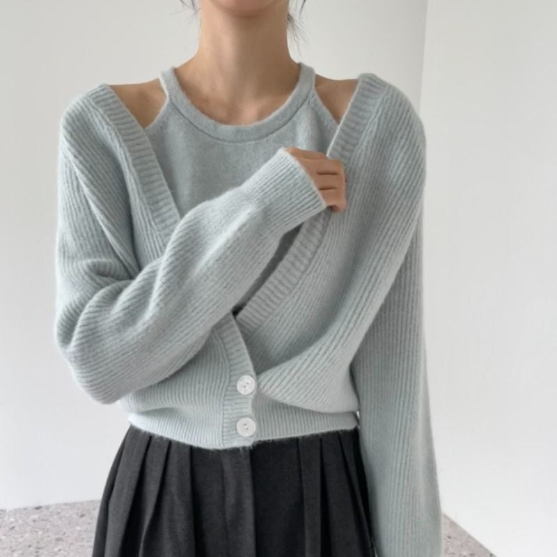 Damen cropped Strickjacke mit tiefem V-Ausschnitt und Knopfdetails Drune