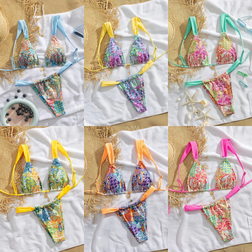 Damen Triangel-Bikini mit buntem Paisleymuster und verstellbaren Trägern Drune