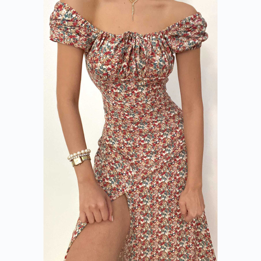 Damen Off-Shoulder Maxikleid mit floralem Design und elegantem Schlitz Drune