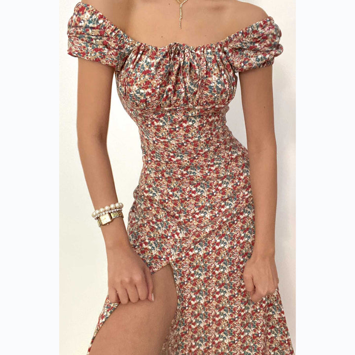 Damen Off-Shoulder Maxikleid mit floralem Design und elegantem Schlitz Drune