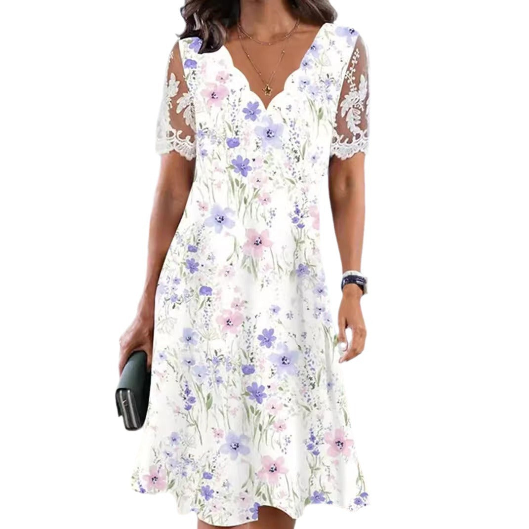 Damen nan A-Linien-Midikleid mit wellenförmigem V-Ausschnitt, ganzflächigem Blumenmuster und transparenten Spitzenärmeln Drune