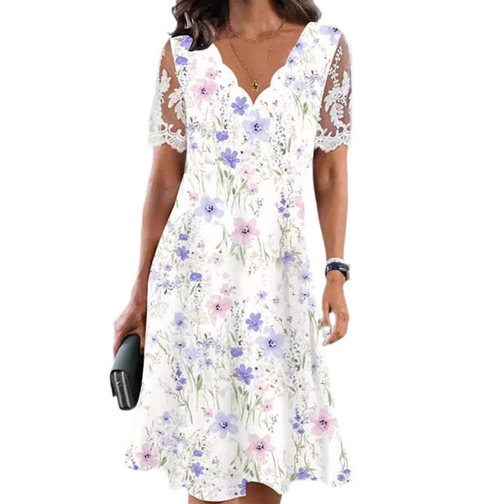 Damen nan A-Linien-Midikleid mit wellenförmigem V-Ausschnitt, ganzflächigem Blumenmuster und transparenten Spitzenärmeln Drune