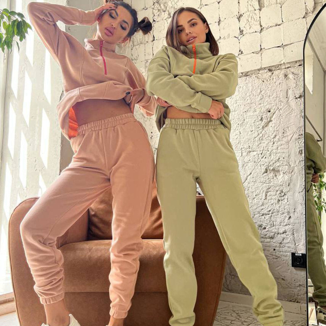 Damen sportliches Fleece-Jogginganzug mit Stehkragen Drune