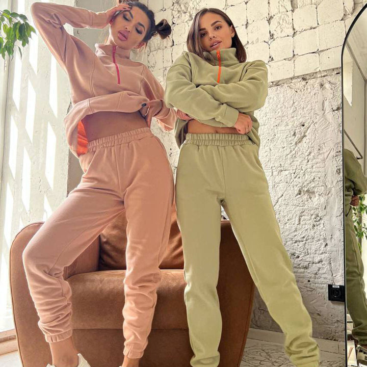 Damen sportliches Fleece-Jogginganzug mit Stehkragen Drune