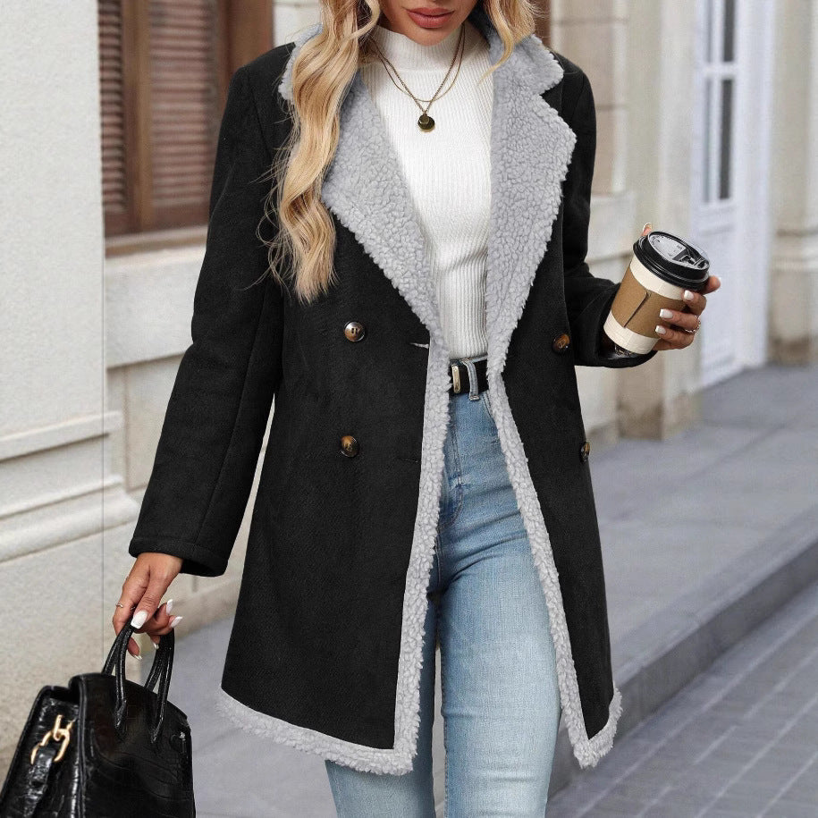 Damen Modische Oversized-Jacke mit Teddyfutter und doppelter Knopfleiste Drune