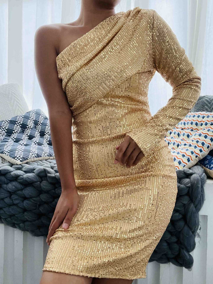Damen Glitzerndes Minikleid mit asymmetrischem Schnitt und langen Ärmeln Drune