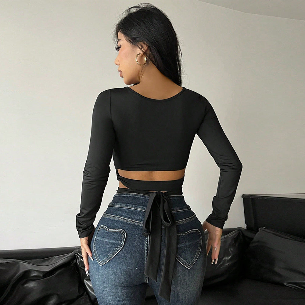 Damen modisches Langarmtop mit raffiniertem Knotendetail und Cut-Out-Design Drune