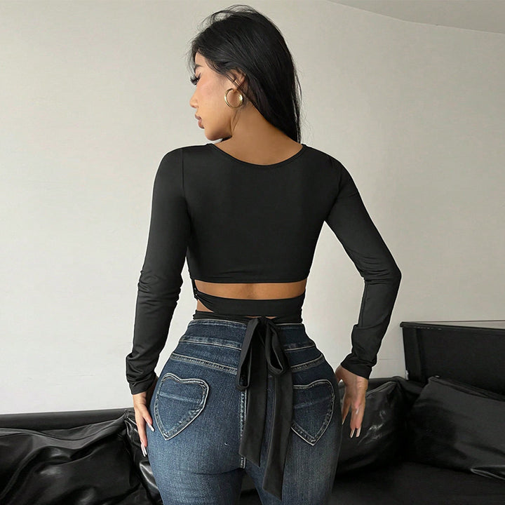 Damen modisches Langarmtop mit raffiniertem Knotendetail und Cut-Out-Design Drune
