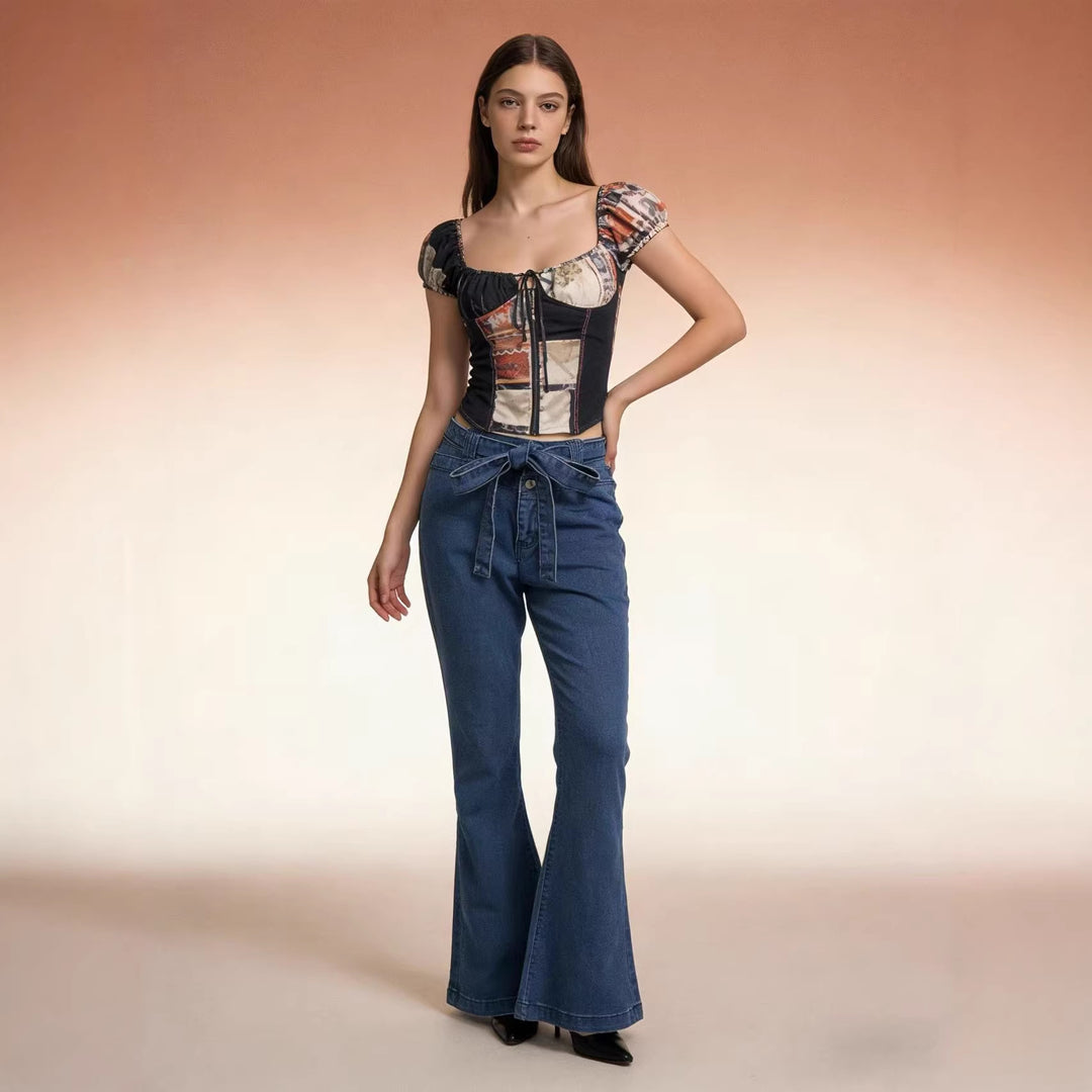 Damen nan High‑Waist Denimhose mit Schleifenbund, hoher Taille und weitem Schlag Drune