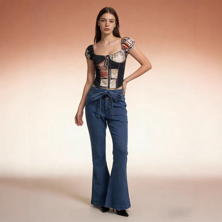 Damen nan High‑Waist Denimhose mit Schleifenbund, hoher Taille und weitem Schlag Drune