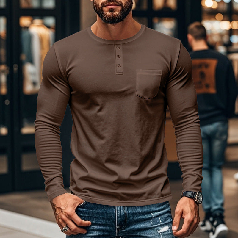 Herren nan figurbetontes Henley-Langarmshirt mit Brusttasche und feinem Stretchjersey Drune