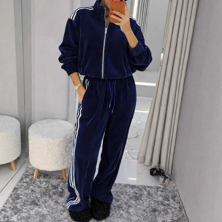 Damen sportlicher Velours-Jogginganzug mit hochgeschlossenem Kragen und elastischem Bund Drune