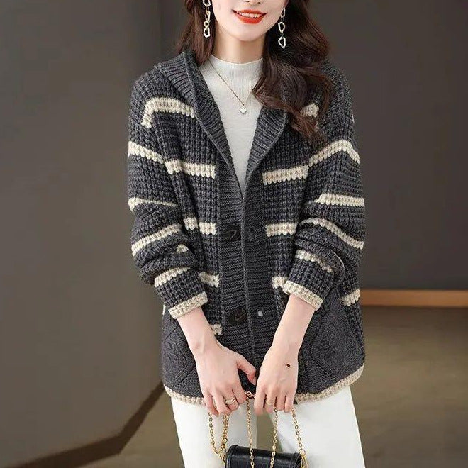 Damen gestreifte Strickjacke mit Kapuze und großen Taschen Drune