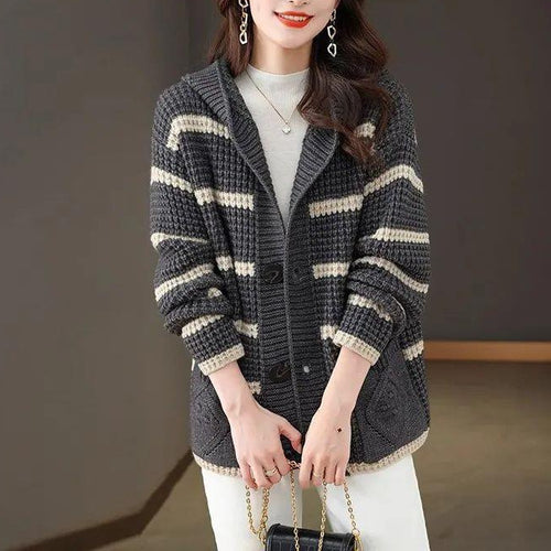 Damen gestreifte Strickjacke mit Kapuze und großen Taschen Drune