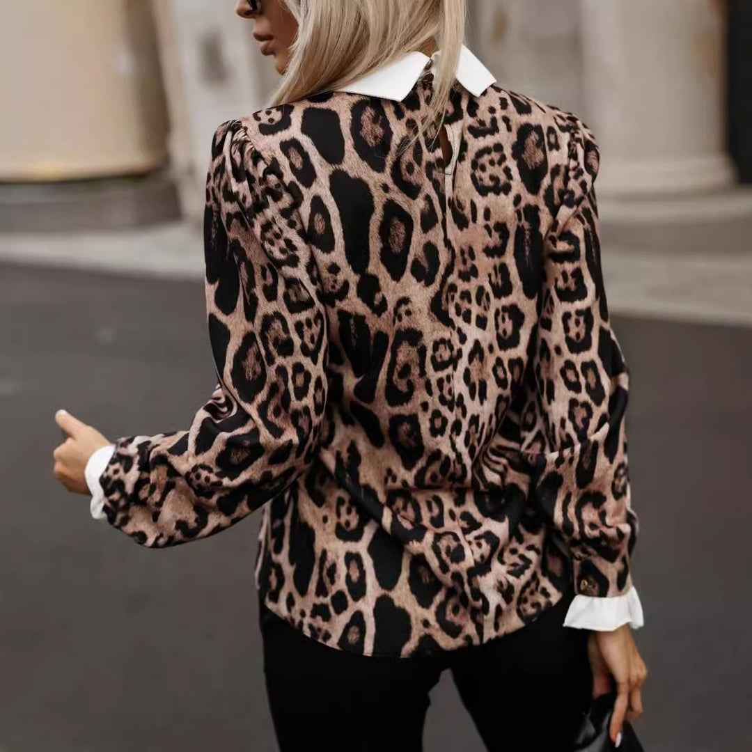 Damen modisches Blusenshirt mit trendigem Leopardenmuster und eleganter Kragenverzierung Drune