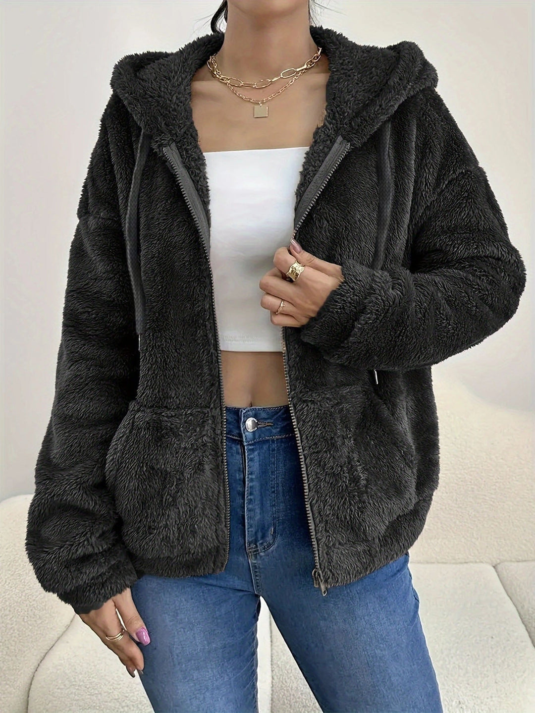 Drune | Damen Cozy Fleece Jacke mit Kapuze & Taschen