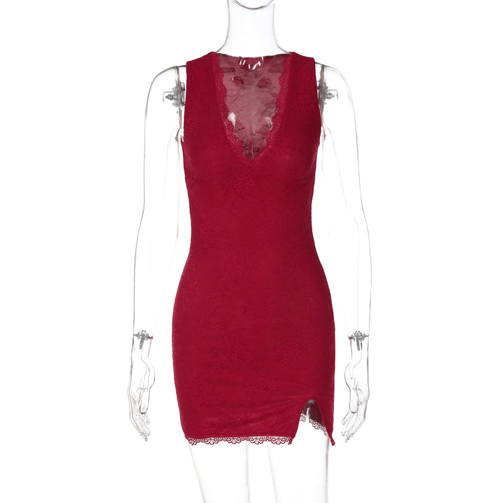 Damen Spitzenkleid mit tiefem V-Ausschnitt und seitlichem Schlitz Drune