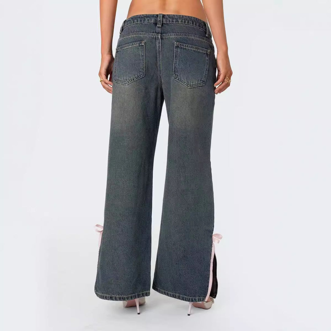 Damen Hohe Taillen Denim-Hose mit modischen Schleifendetails Drune