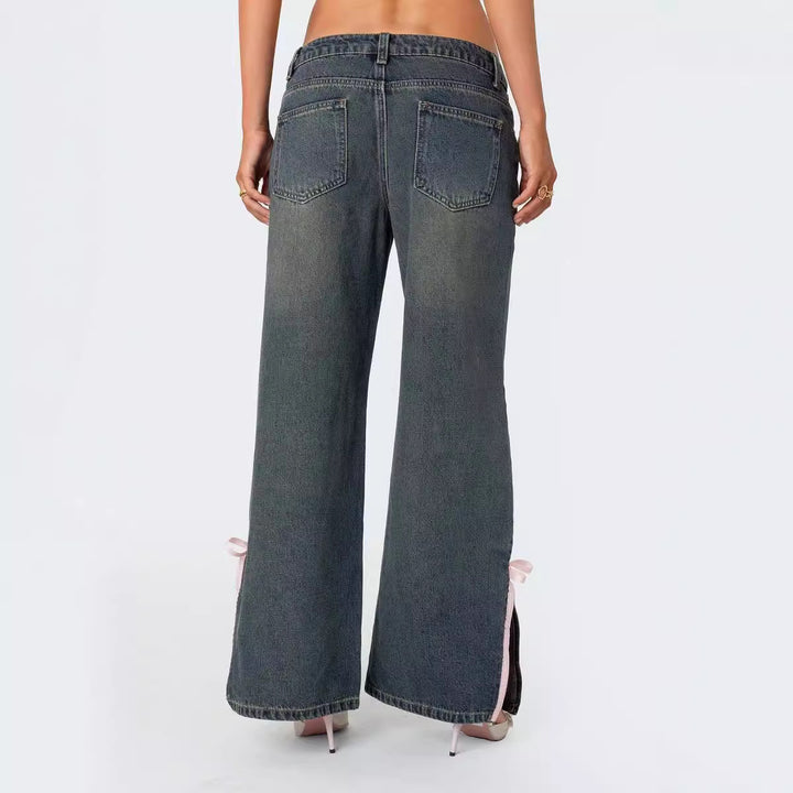 Damen Hohe Taillen Denim-Hose mit modischen Schleifendetails Drune