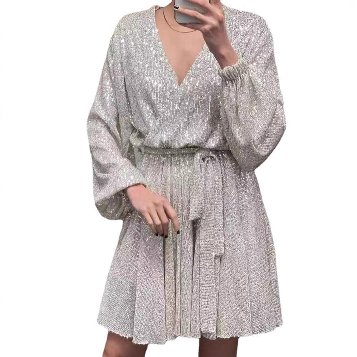 Damen Glitzerndes Mini-Kleid mit V-Ausschnitt und eleganten Puffärmeln Drune