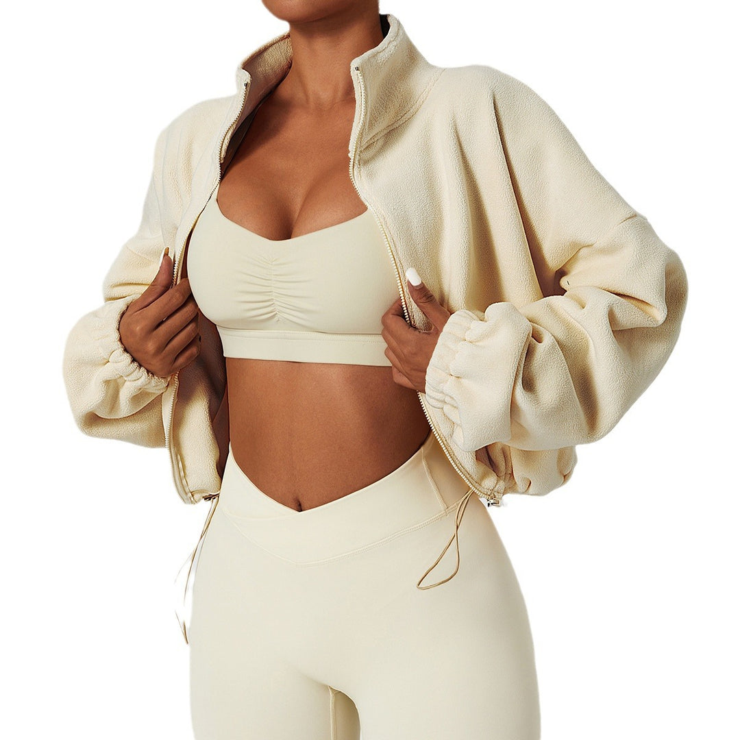 Damen kürzerer Fleece-Pullover mit hohem Kragen und Kordelzug Drune