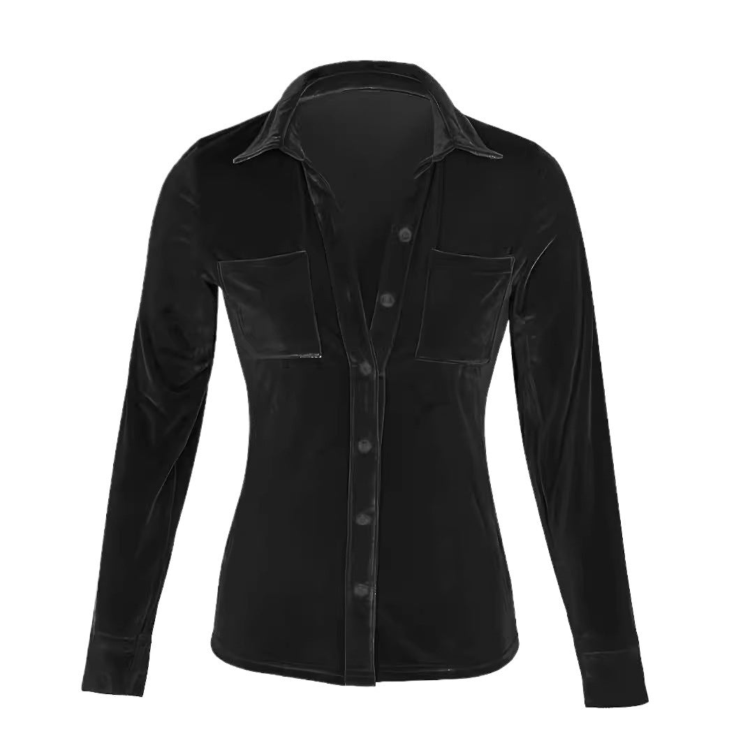 Damen Hemdbluse mit zwei Brusttaschen und glänzendem Finish Drune