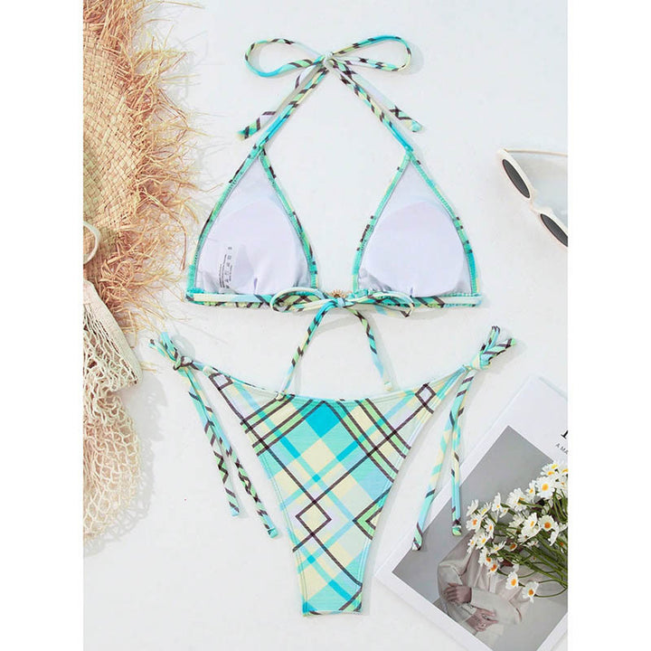 Damen Triangel-Bikini mit modischem Karomuster und verstellbaren Bindebändern Drune
