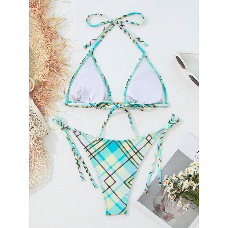 Damen Triangel-Bikini-Set mit verstellbaren Bindebändern und stilvollem Karomuster Drune