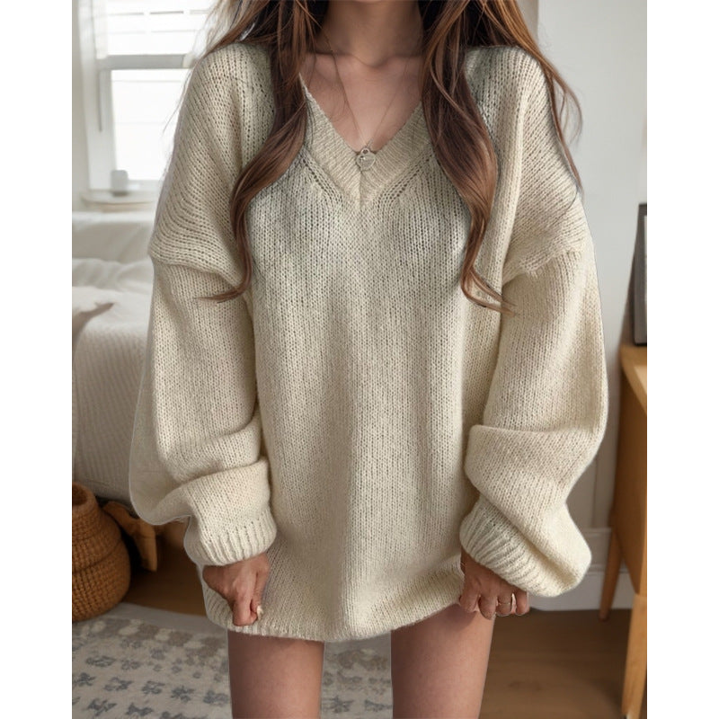 Damen Übergroßer Strickpullover mit V-Ausschnitt und weiten Ärmeln Drune