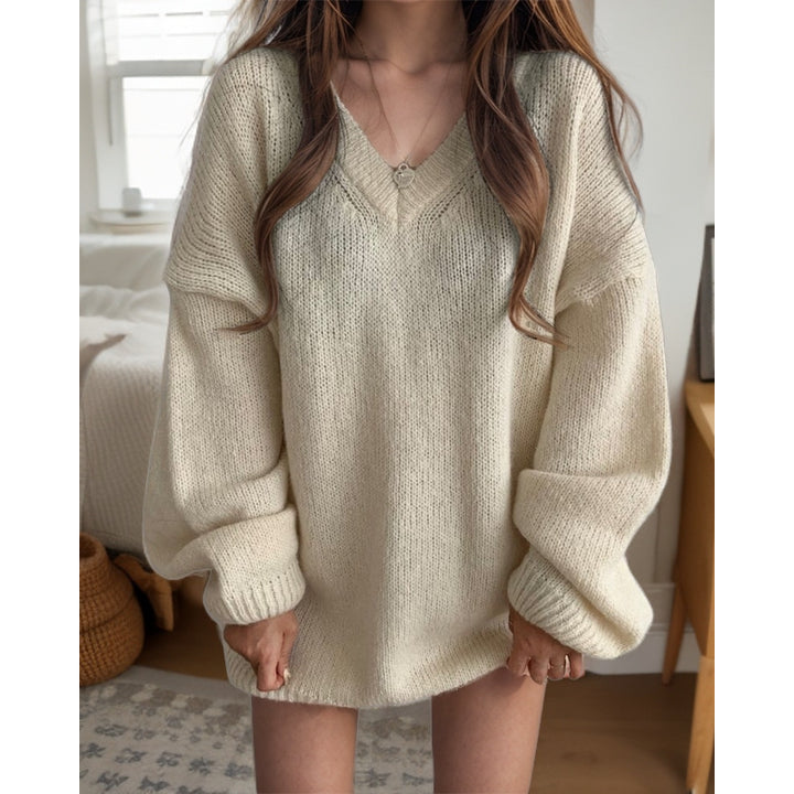 Damen Übergroßer Strickpullover mit V-Ausschnitt und weiten Ärmeln Drune