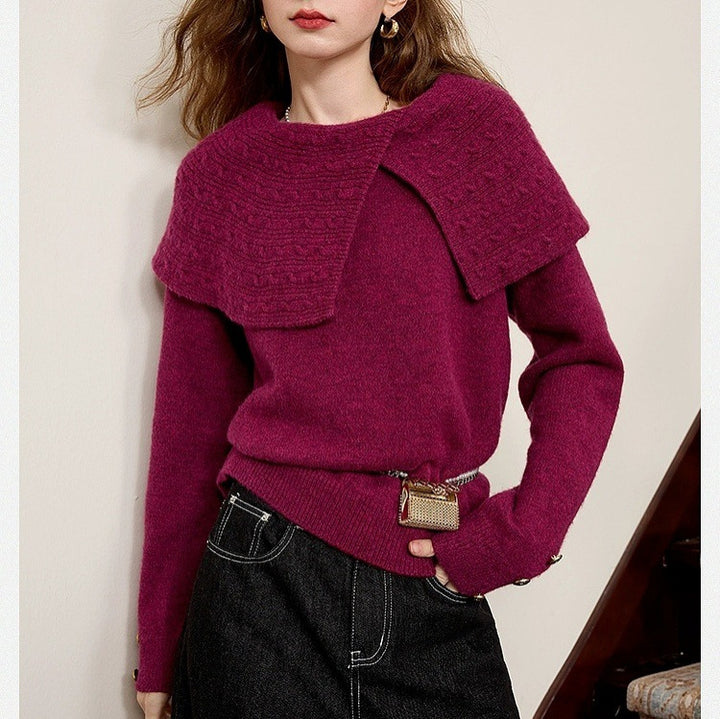 Damen eleganter Waldgrün Pullover mit hochwertigem strukturiertem Kragen Drune