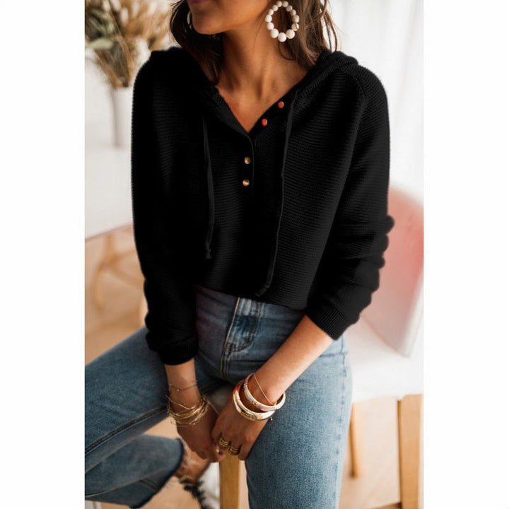 Drune | Damen Lockere Passform Stricktextur Knopfdetails Verstellbare Kapuze