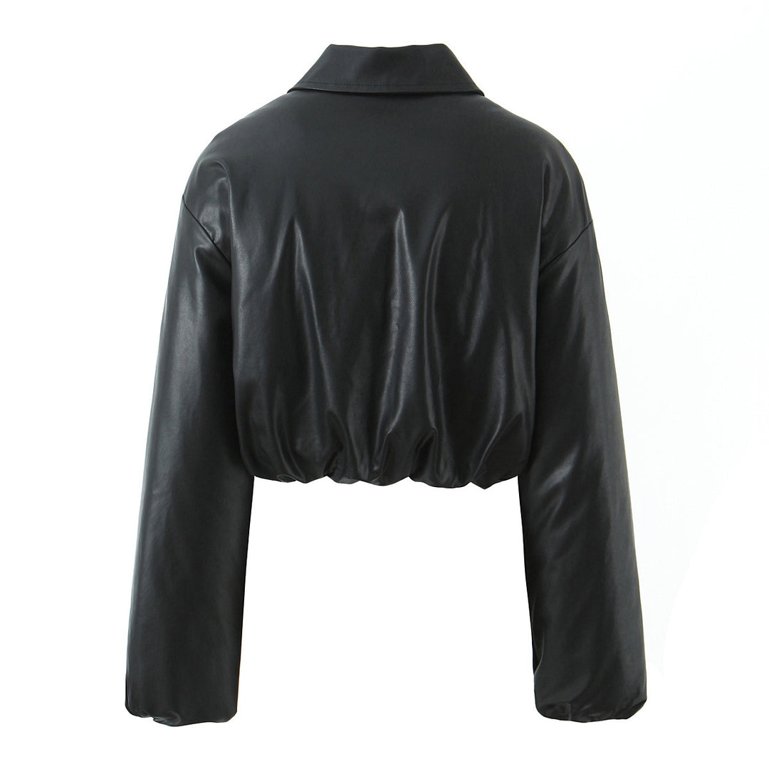 Damen cropped Kunstlederjacke mit elastischem Bund und klassischem Stehkragen Drune