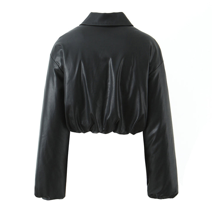Damen cropped Kunstlederjacke mit elastischem Bund und klassischem Stehkragen Drune