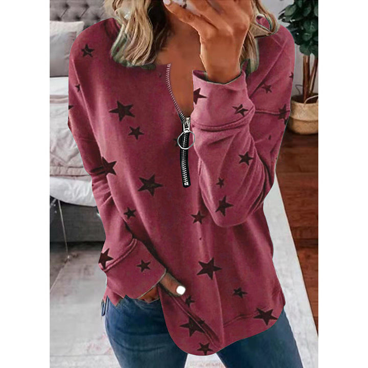 Damen Lässiger Sweatshirt mit Reißverschluss und Sternenmotiv Drune