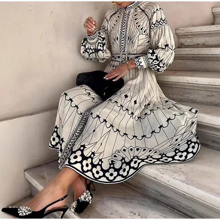 Damen Elegantes Hemdkleid mit grafischem Muster und schwingenden Ärmeln Drune