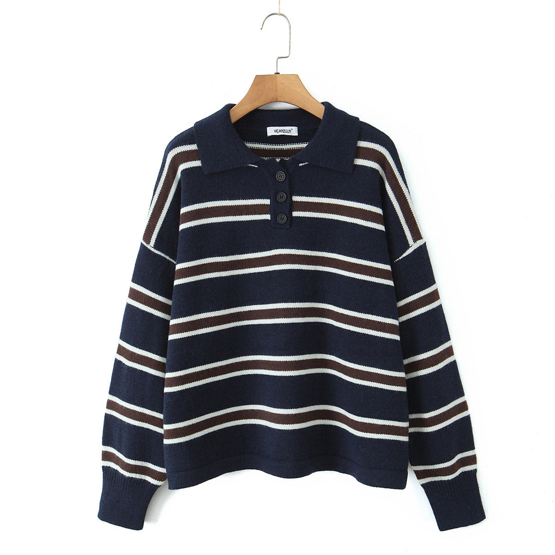 Damen modischer Polo-Pullover mit gestreiftem Design und Knopfleiste Drune