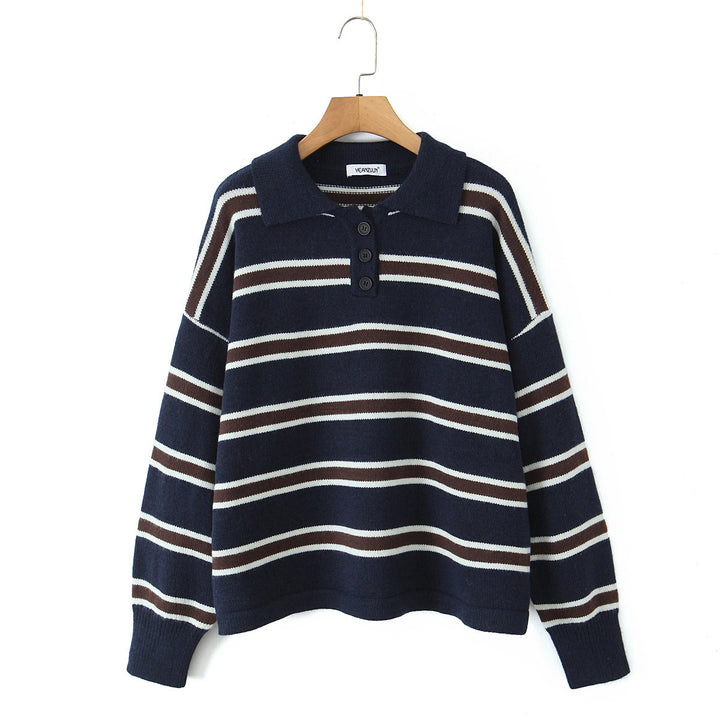 Damen modischer Polo-Pullover mit gestreiftem Design und Knopfleiste Drune