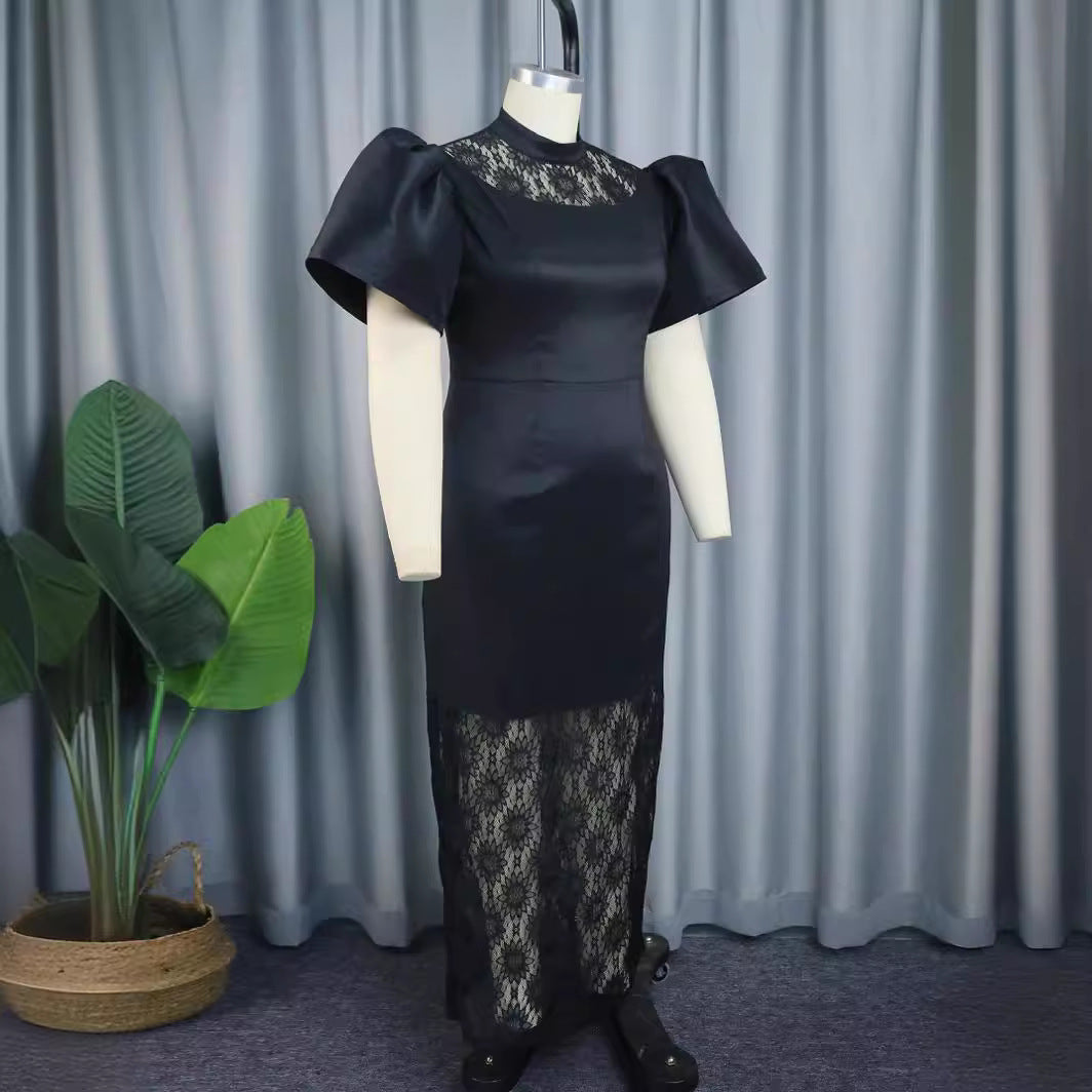 Damen Elegantes Maxikleid mit dekorativen Puffärmeln und romantischem Spitzenunterbau Drune